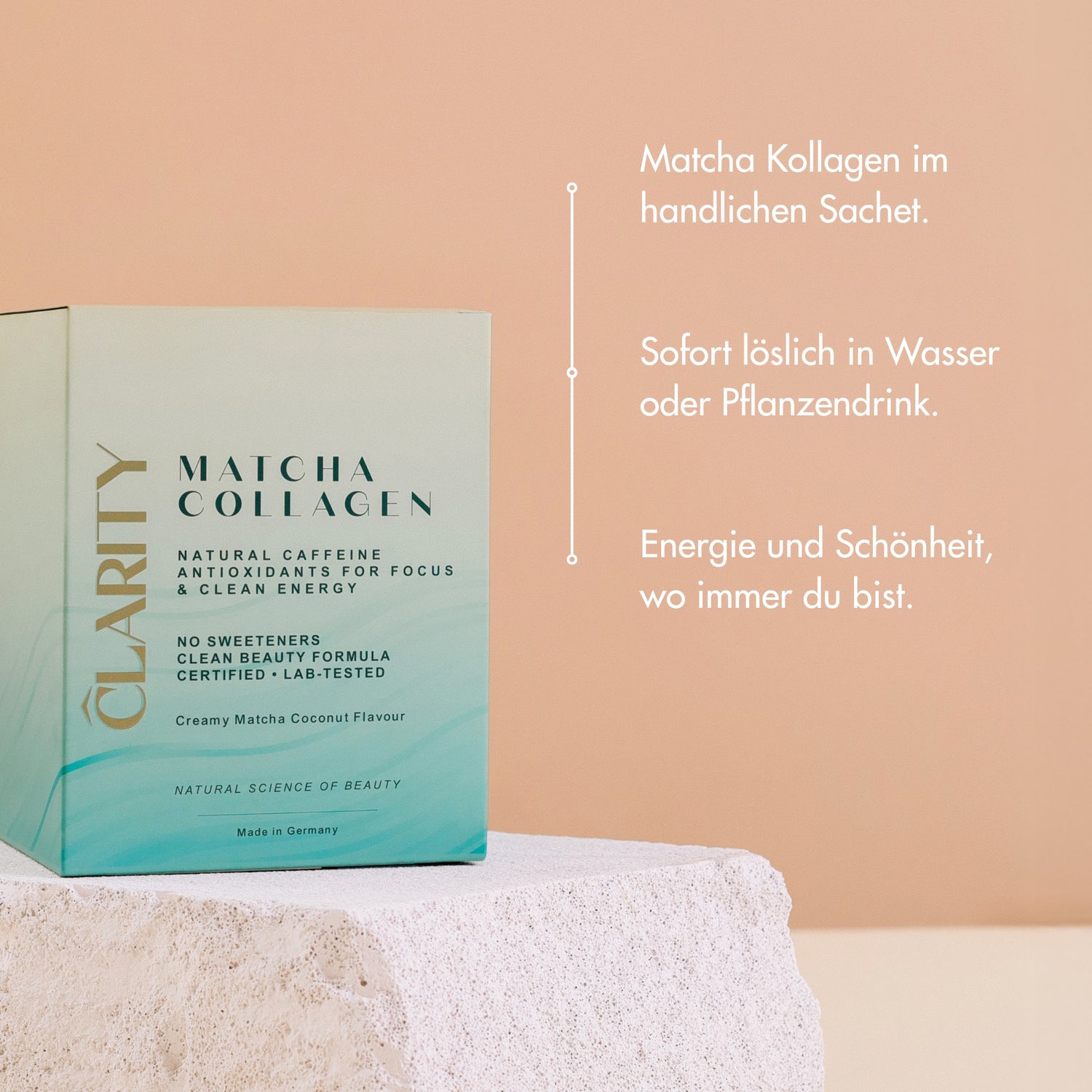 CLARITY Matcha Collagen Go - Bild mit USPs.