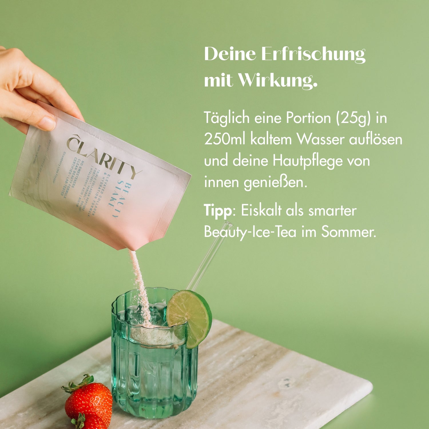 CLARITY BEUATY STAKE - Bild mit Sachet und Glaß.