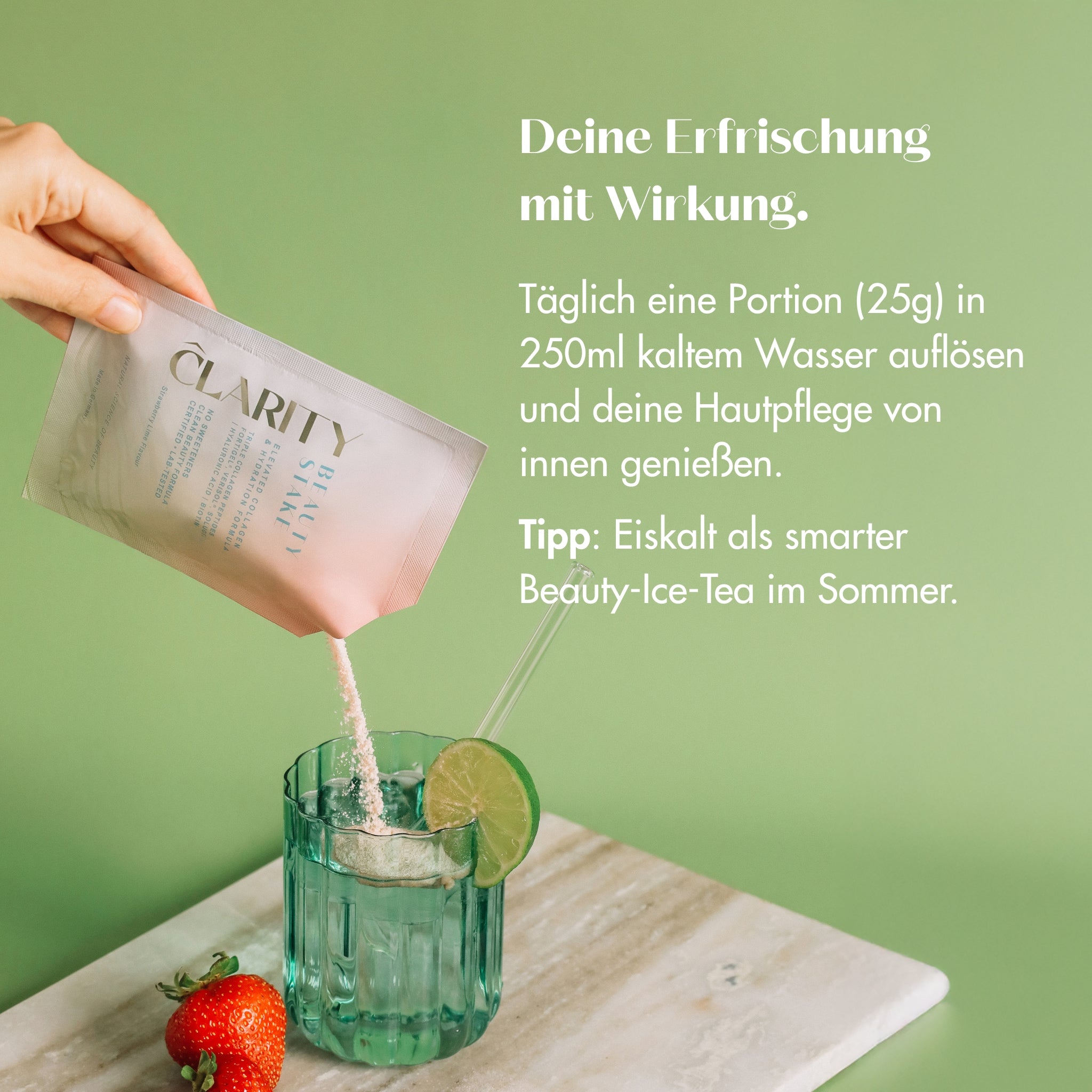 CLARITY BEUATY STAKE - Bild mit Sachet und Glaß.