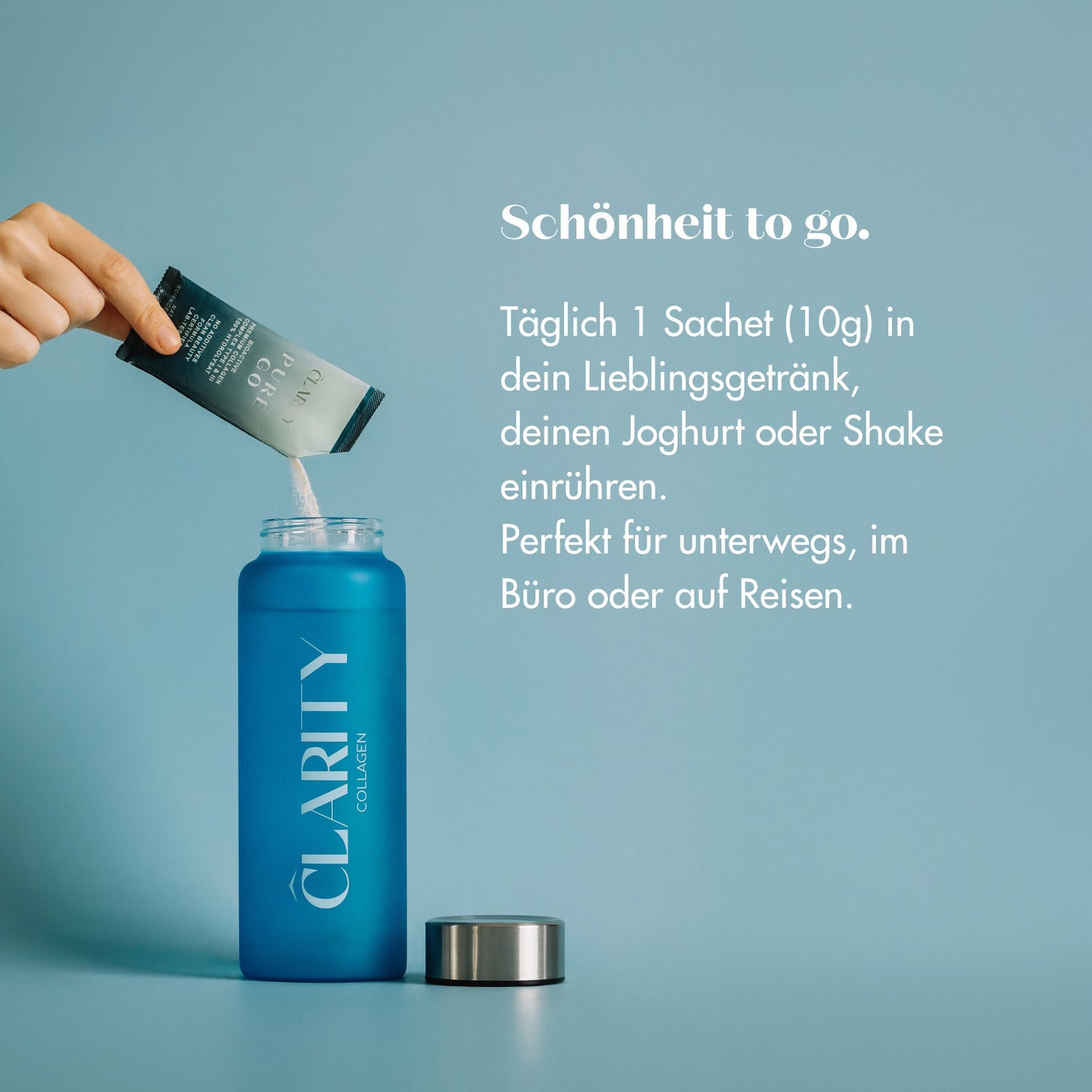 CLARITY PURE GO Collagen - Bild mit CLARITY Flasche und Sachet.