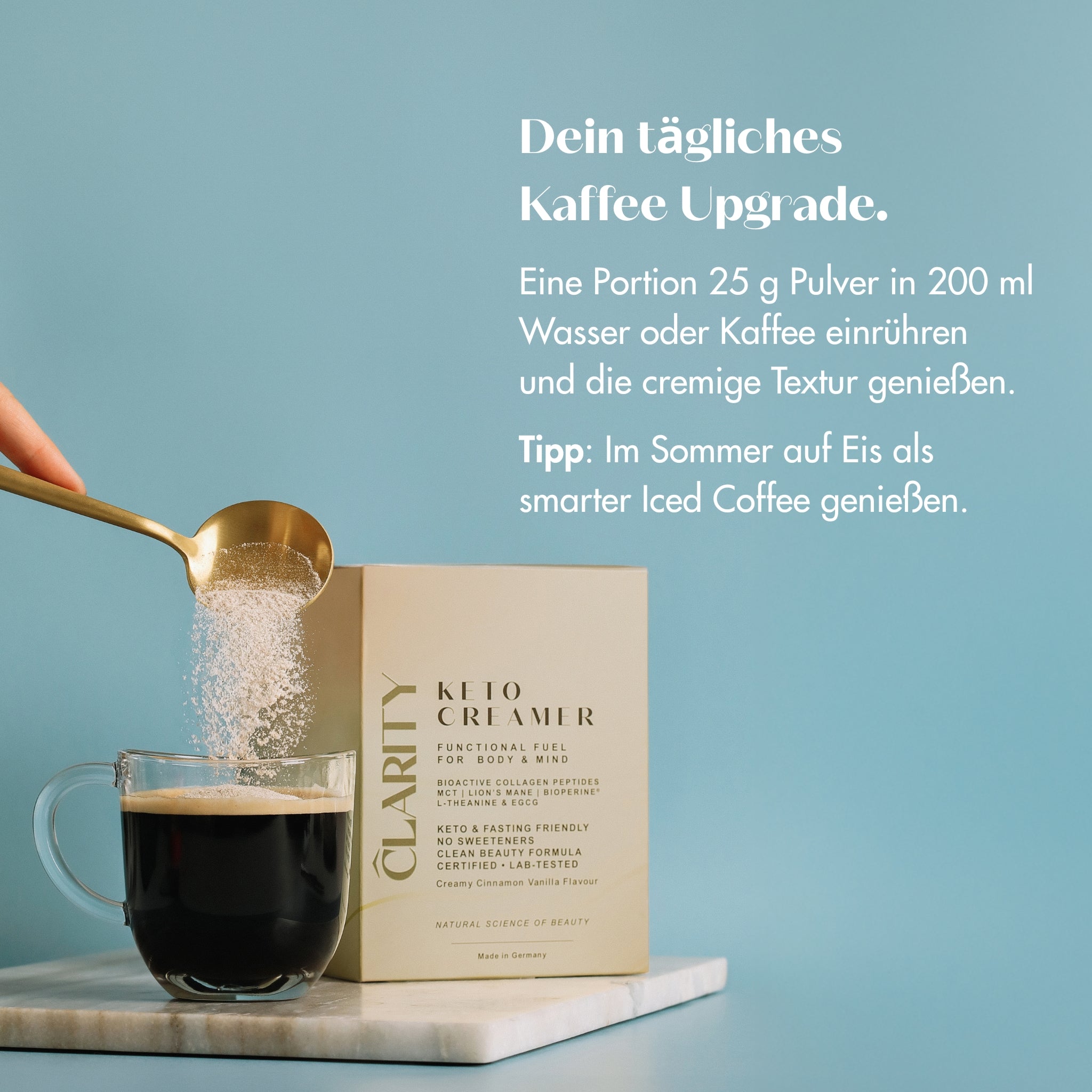 CLARITY KETO CREAMER - Bild mit Sachet und Glaß.