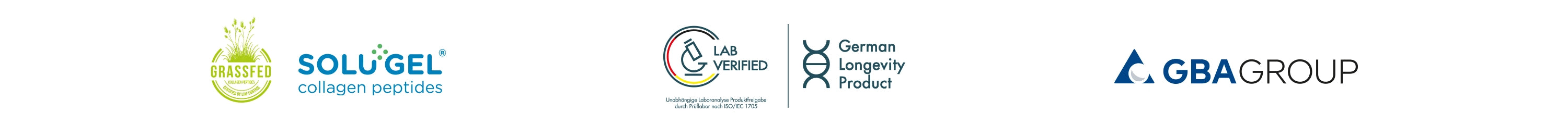 LOGOS von SOLUGEL Ultra BD, Lab Verified und German Longevity Product und GBA Group.