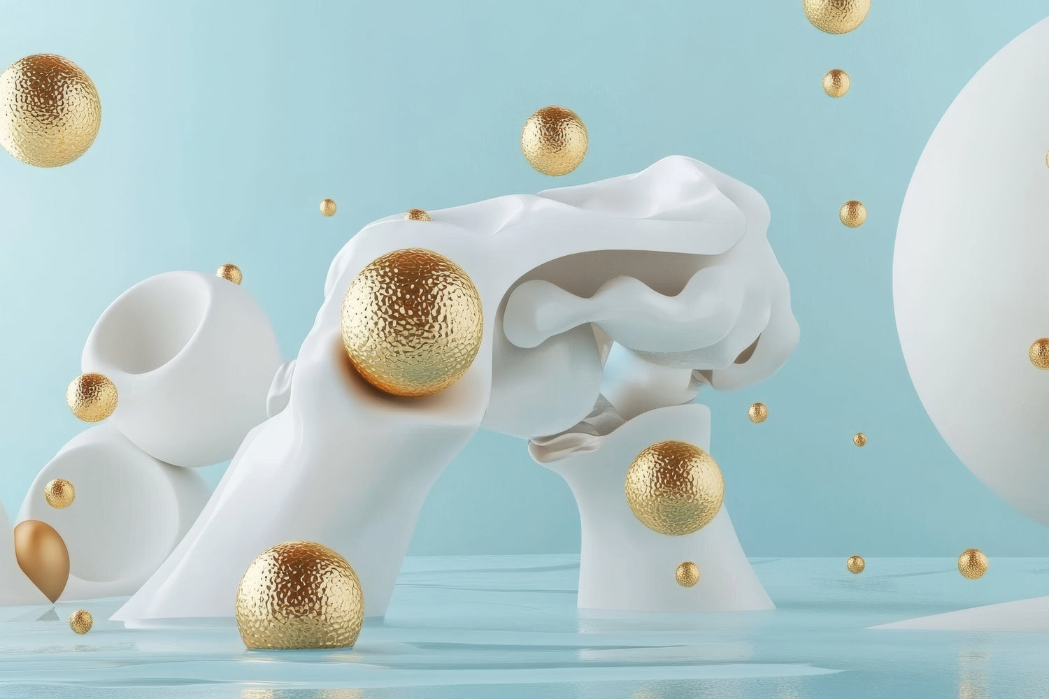 Kollagenform mit goldenen Bällen und weißen Wellen.