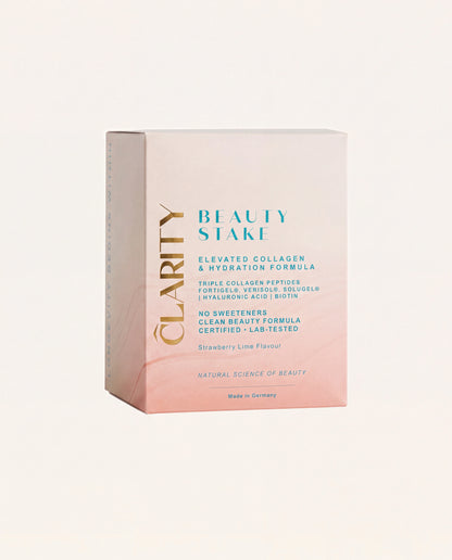 CLARITY Beauty Stake – Schachtel mit Sachets, Frontansicht, Erdbeer-Limette