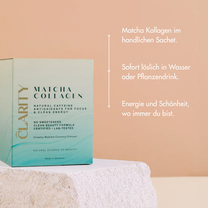 CLARITY Matcha Collagen Go - Bild mit USPs. 