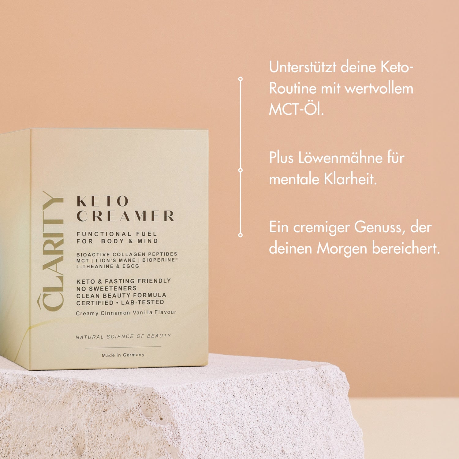 CLARITY KETO CREAMER - Bild mit USPs.