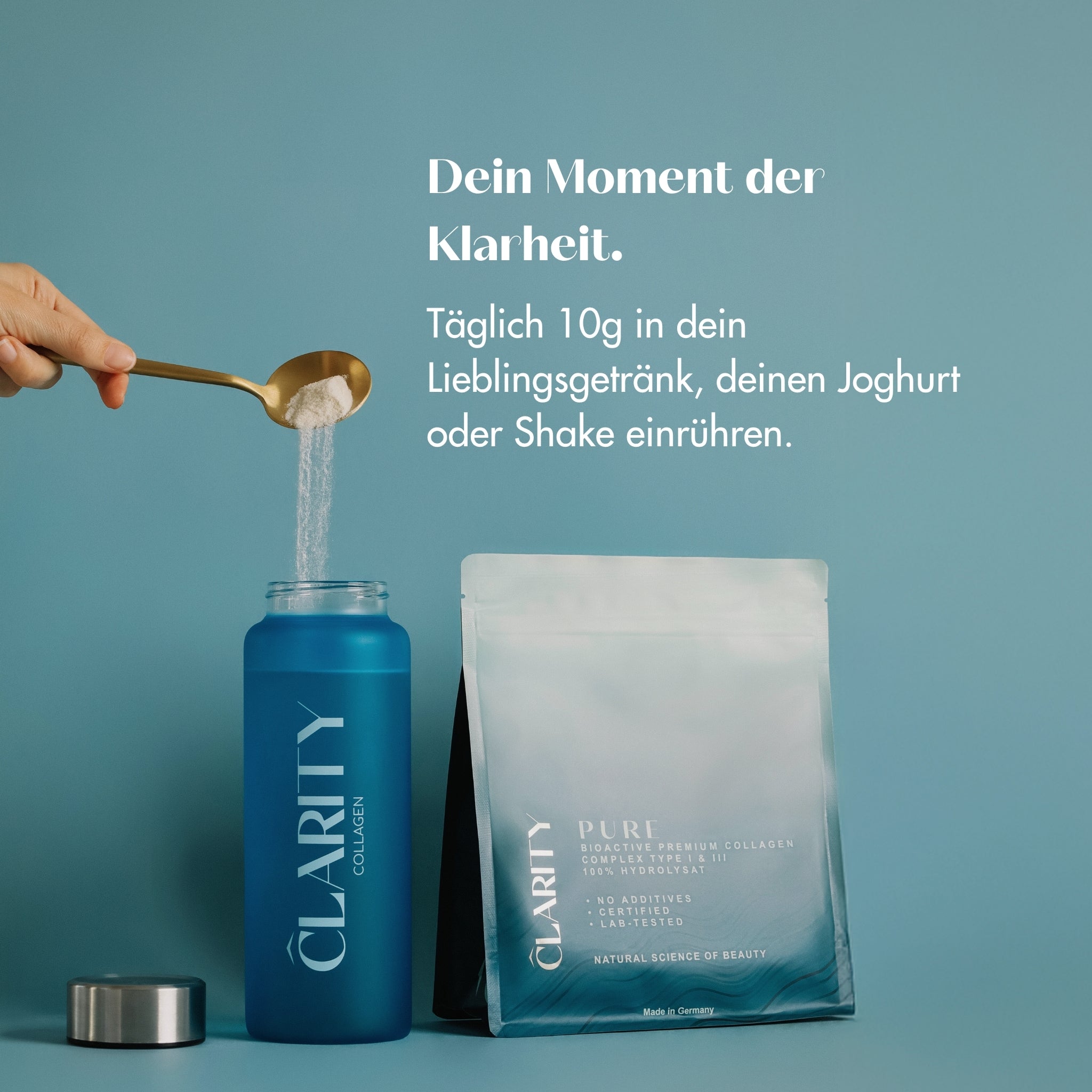CLARITY PURE Collagen - Bild mit 300 Gr. Beutel und CLARITY Flasche und Löffel.