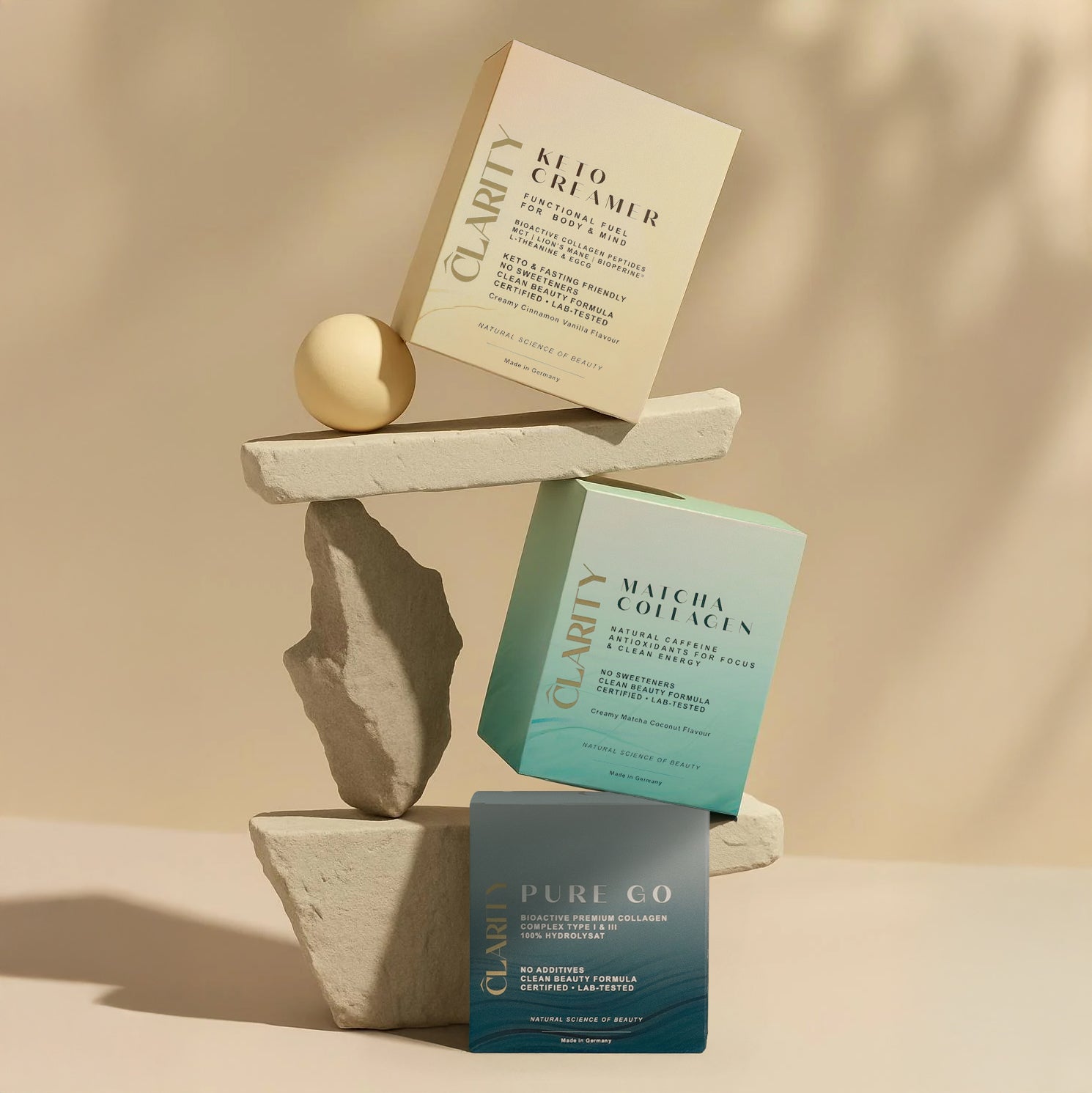 CLARITY Matcha GO, PURE GO und Keto Creamer zusammengestellt.